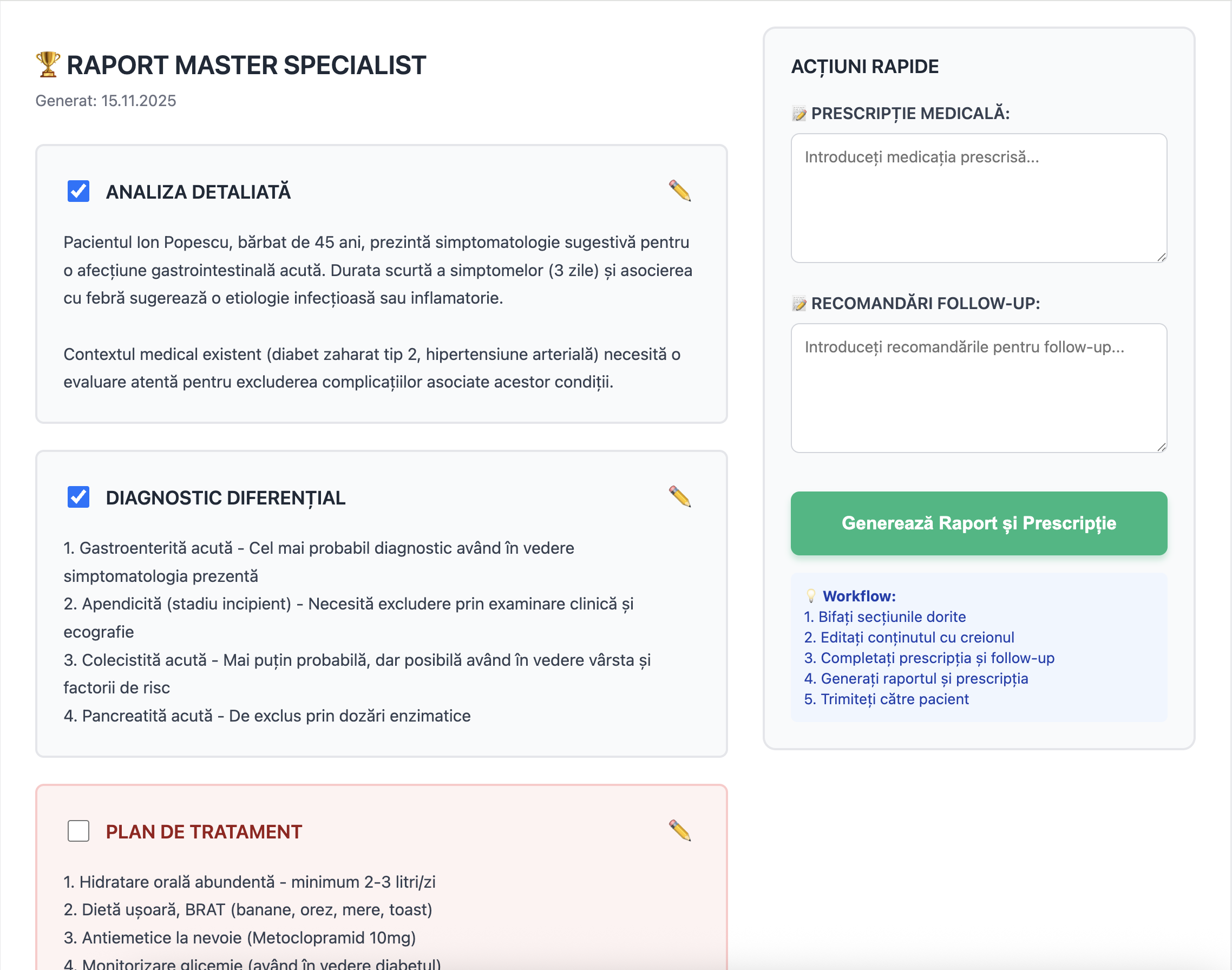 Exemplu de raport medical detaliat generat de EduMedic - fiecare sectiune este complet editabila